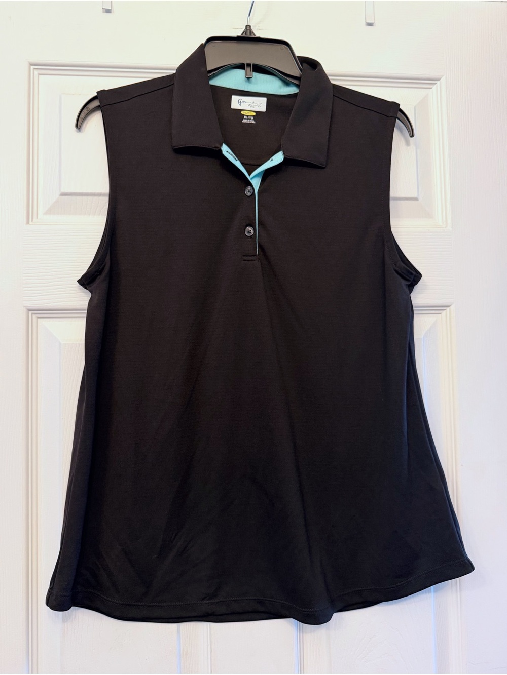 Greg Norman Collection Black Sleeveless Golf Polo with Light Blue Trim